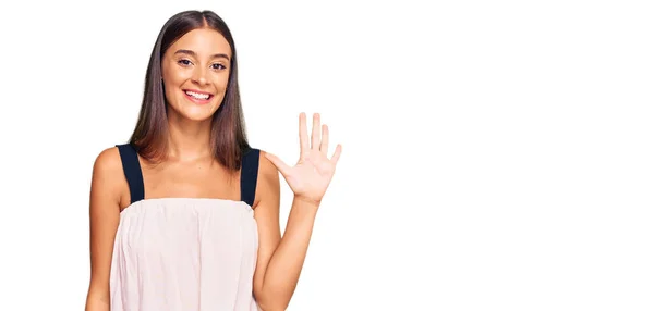 Mujer Hispana Joven Usando Ropa Casual Mostrando Señalando Hacia Arriba — Foto de Stock