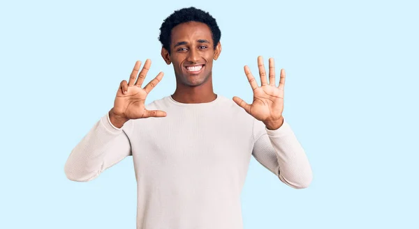 African Handsome Man Wearing Casual Winter Sweater Showing Pointing Fingers — Stock Photo, Image