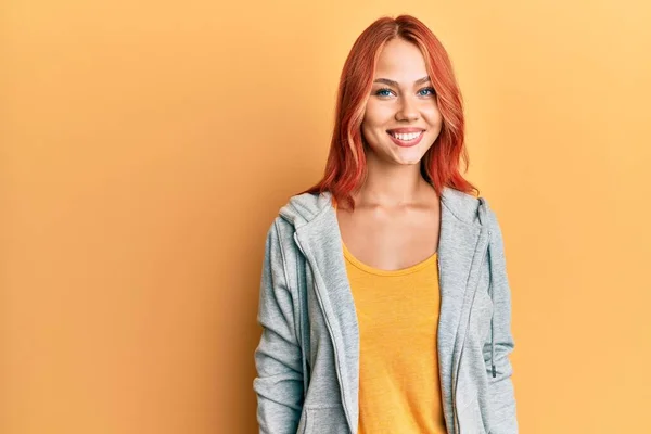Young Beautiful Redhead Woman Wearing Casual Sporty Sweatshirt Looking Positive — Stock Photo, Image