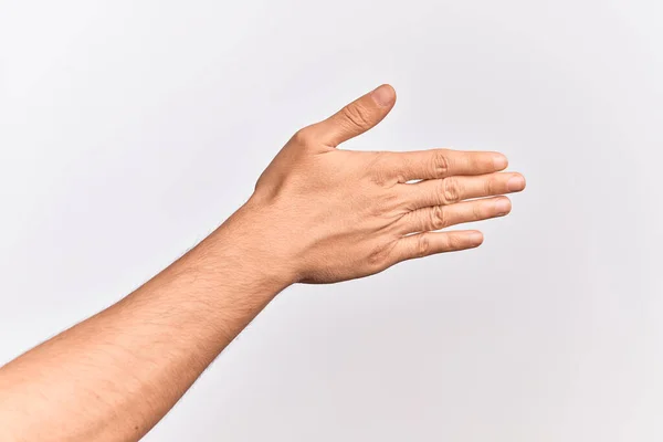 Mão Jovem Caucasiano Mostrando Dedos Sobre Fundo Branco Isolado Esticando — Fotografia de Stock