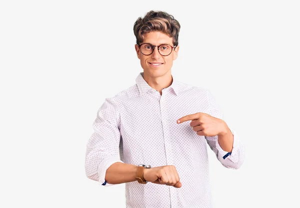 Young Handsome Man Wearing Business Clothes Glasses Hurry Pointing Watch — Stock fotografie