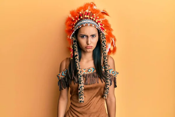 Young Brunette Woman Wearing Indian Costume Depressed Worry Distress Crying — Stock Photo, Image