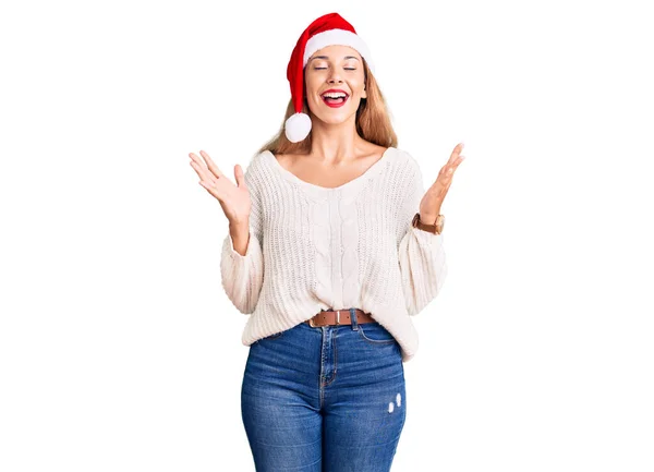 Belle Jeune Femme Portant Chapeau Noël Célébrant Fou Fou Succès — Photo