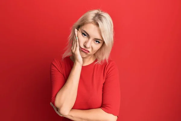 Young Blonde Girl Wearing Casual Clothes Thinking Looking Tired Bored — Stock Photo, Image