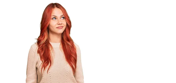 Young Redhead Woman Wearing Casual Winter Sweater Smiling Looking Side — Stock Photo, Image