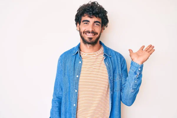 Handsome Young Man Curly Hair Bear Wearing Casual Denim Jacket — Stock fotografie