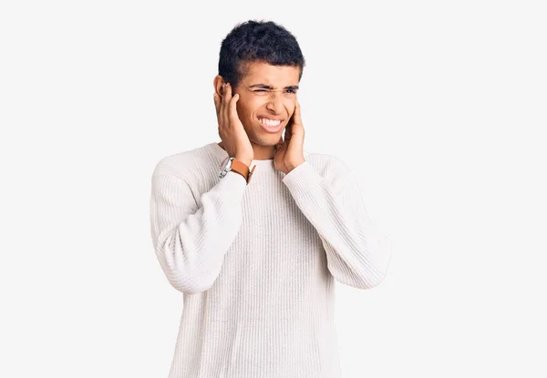 Young African Amercian Man Wearing Casual Clothes Covering Ears Fingers — Stock Photo, Image