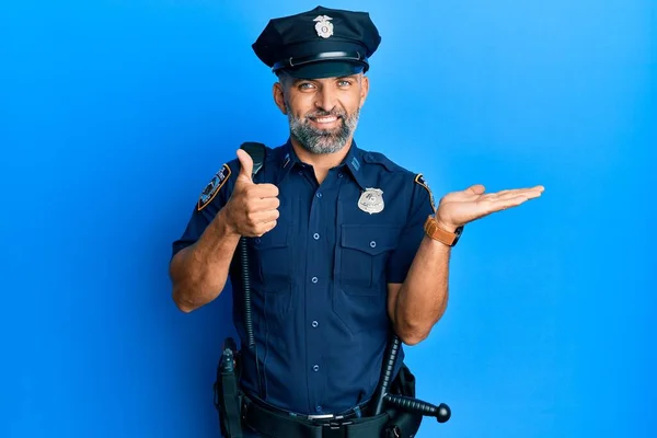 Middle Age Handsome Man Wearing Police Uniform Showing Palm Hand — Stock fotografie