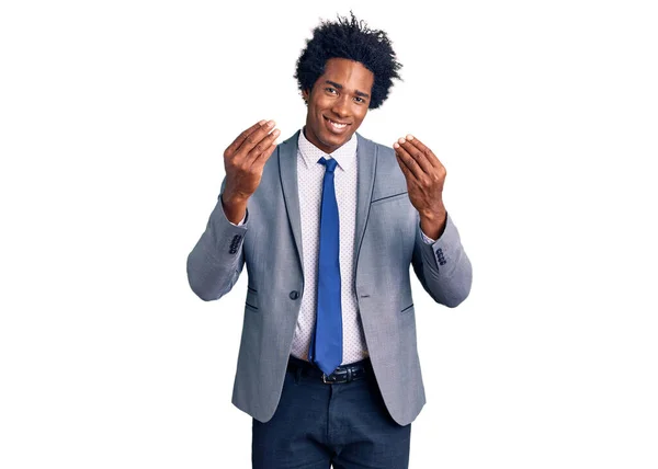 英俊的非洲裔美国男人 身穿商务夹克 手拉手做手势 要求发工资 做百万富翁生意 — 图库照片