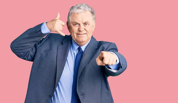 Senior Grey Haired Man Wearing Business Jacket Smiling Doing Talking — Stock Photo, Image