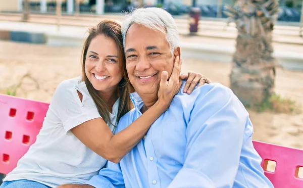 Middle Age Hispanic Couple Smiling Happy Hugging Sitting Bench Beach — Stock Photo, Image