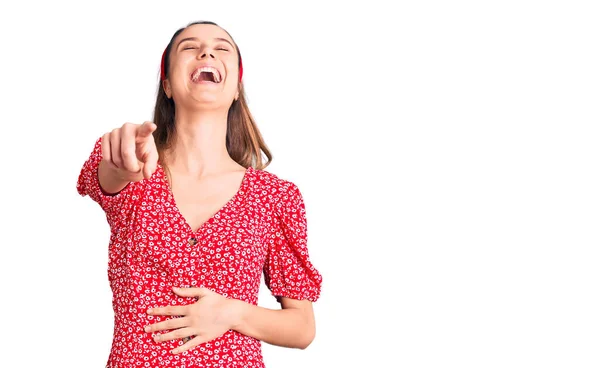 Joven Hermosa Chica Con Vestido Diadema Riendo Señalando Con Dedo — Foto de Stock