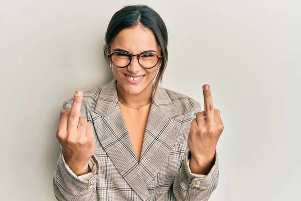 Young Brunette Woman Wearing Business Jacket Glasses Showing Middle Finger — Stok fotoğraf