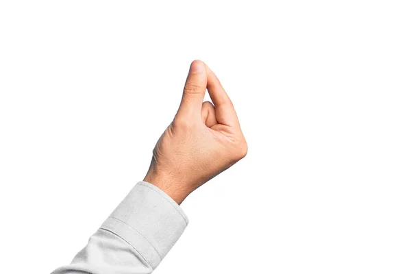 Рука Білого Чоловіка Показує Пальці Над Ізольованим Білим Тлом Тримає — стокове фото