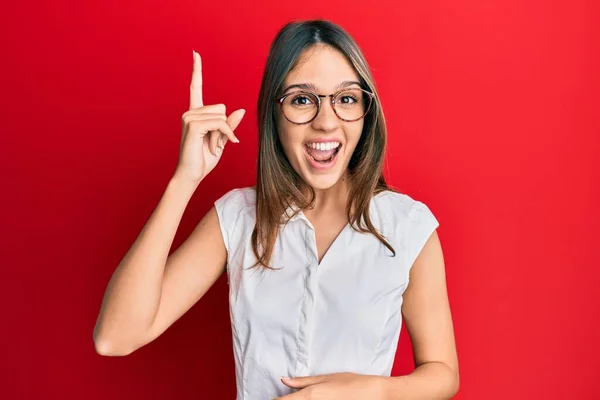 Young Brunette Woman Wearing Casual Clothes Glasses Pointing Finger Successful — Stock Photo, Image