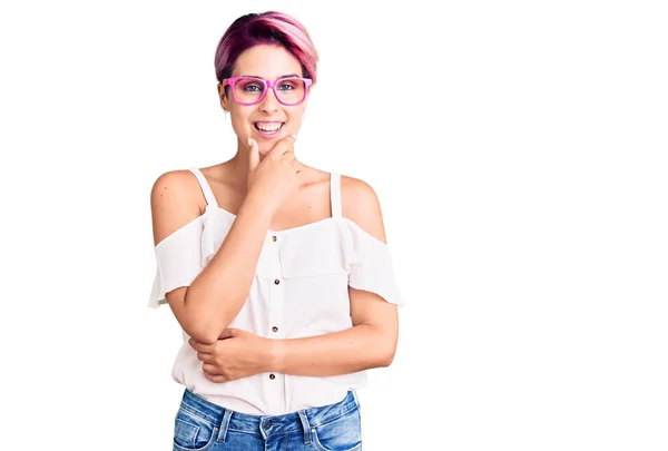 Young Beautiful Woman Pink Hair Wearing Casual Clothes Glasses Looking — Stock Photo, Image