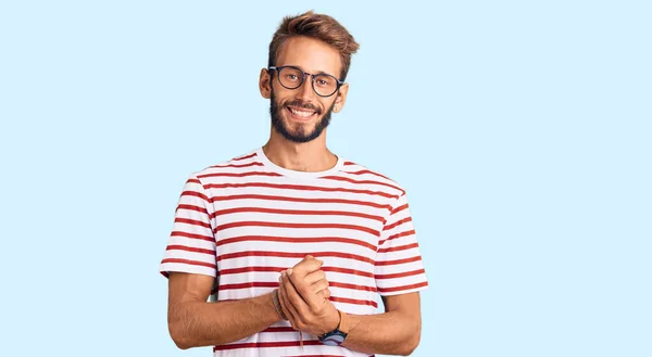 Handsome Blond Man Beard Wearing Casual Clothes Glasses Hands Together — Stock Photo, Image