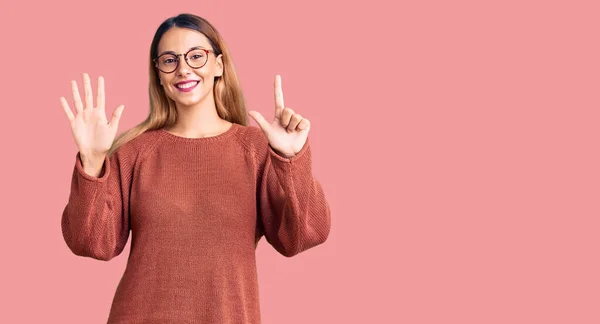 Beautiful Young Woman Wearing Casual Clothes Glasses Showing Pointing Fingers — Stock Fotó