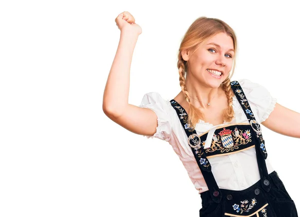 Young Beautiful Blonde Woman Wearing Oktoberfest Dress Dancing Happy Cheerful — 图库照片