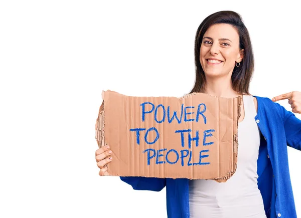 Young Beautiful Woman Holding Power People Banner Pointing Finger One —  Fotos de Stock