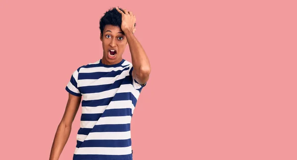 Young African American Man Wearing Casual Clothes Surprised Hand Head — Stock Photo, Image