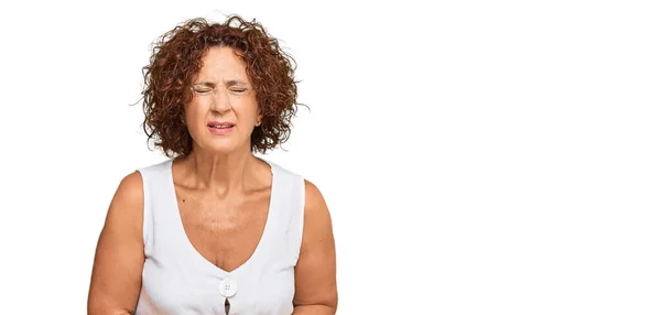 Beautiful Middle Age Mature Woman Wearing Casual White Shirt Hand — Stock Photo, Image