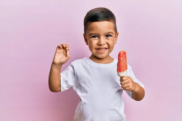 Adorable Latin Toddler Holding Ice Cream Doing Sign Fingers Smiling — Stockfoto