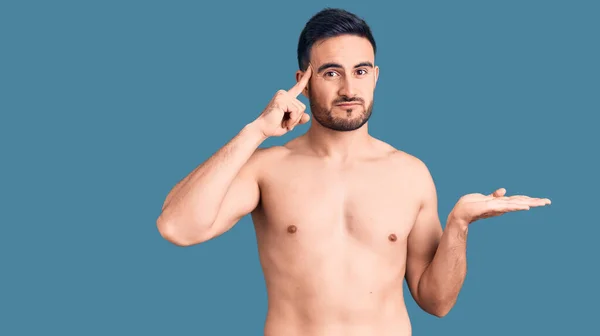 Young Handsome Man Wearing Swimwear Confused Annoyed Open Palm Showing — Stock Photo, Image