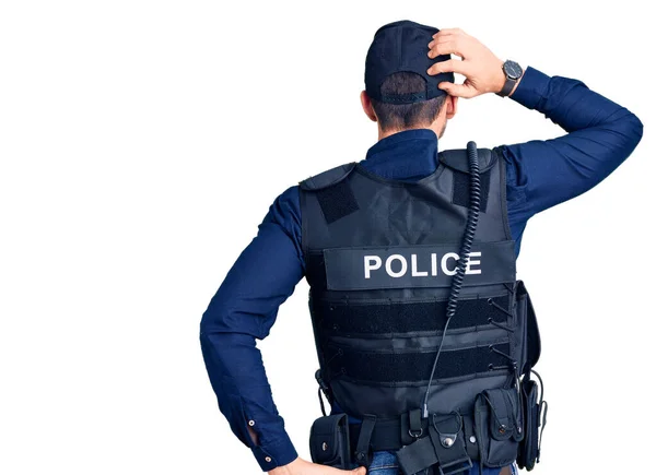 Young Handsome Man Wearing Police Uniform Backwards Thinking Doubt Hand — Stock Photo, Image