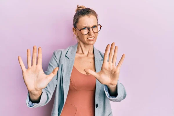 Beautiful Caucasian Woman Wearing Business Jacket Glasses Afraid Terrified Fear — Stock Photo, Image