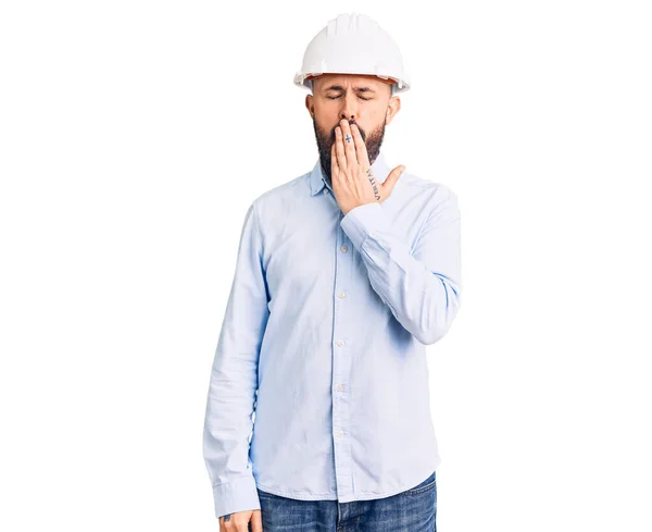 Young Handsome Man Wearing Architect Hardhat Bored Yawning Tired Covering — Stock Photo, Image