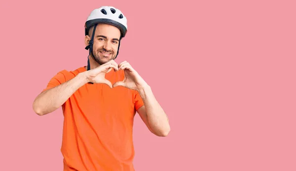 Young Handsome Man Wearing Bike Helmet Smiling Love Showing Heart — Stock Photo, Image