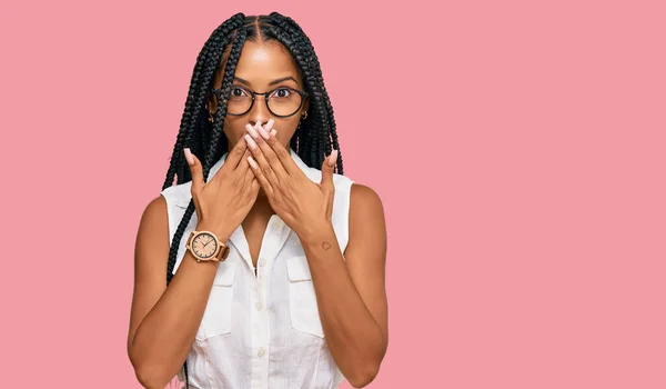 Beautiful Hispanic Woman Wearing Casual Clothes Glasses Shocked Covering Mouth — Stock Photo, Image