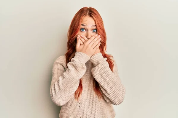 Young Beautiful Redhead Woman Wearing Casual Winter Sweater Shocked Covering — Stock Photo, Image