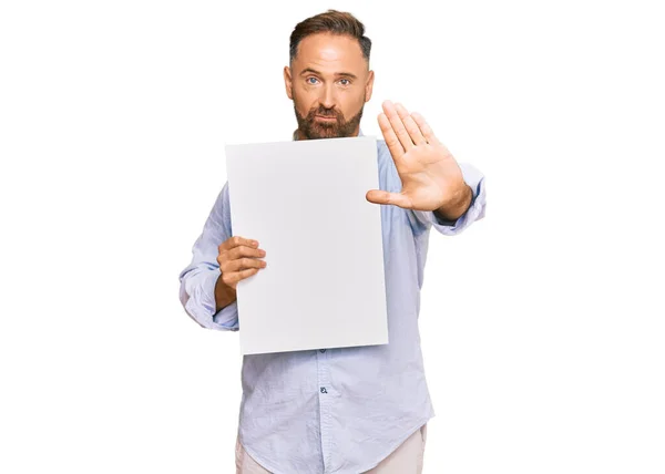 Handsome Middle Age Man Holding Blank Empty Banner Open Hand — Stock Photo, Image