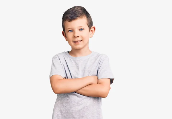 Niño Rubio Lindo Con Ropa Casual Cara Feliz Sonriendo Con —  Fotos de Stock