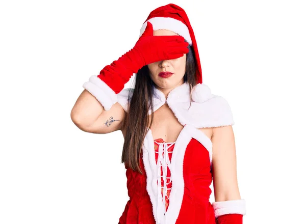 Young Beautiful Caucasian Woman Wearing Santa Claus Costume Covering Eyes — Stock Photo, Image