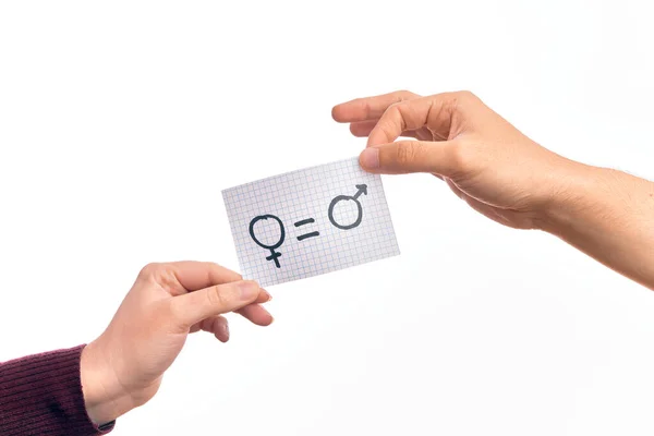带有女性和男性标志的纸板横幅 男女在孤立的白色背景上是平等的信息 — 图库照片