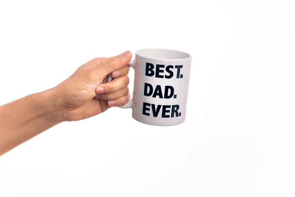 Main Caucasien Jeune Homme Tenant Tasse Café Avec Meilleur Papa — Photo