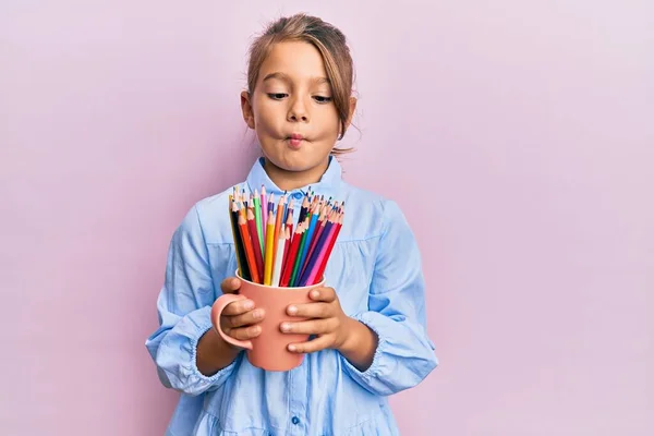 Little Beautiful Girl Holding Colored Pencils Making Fish Face Mouth — Stock Photo, Image