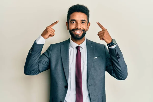 Handsome Hispanic Man Beard Wearing Business Suit Tie Smiling Pointing — Stock Photo, Image