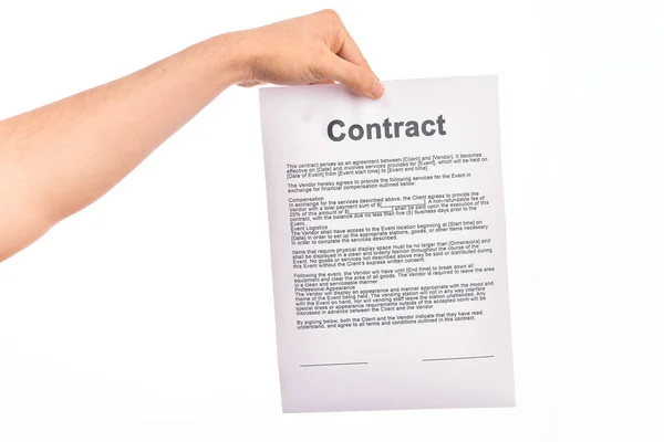 Holding Business Contract Paper Isolated White Background — Stock Photo, Image