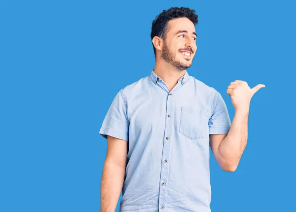 Young Hispanic Man Wearing Casual Clothes Smiling Happy Face Looking — Stock Photo, Image