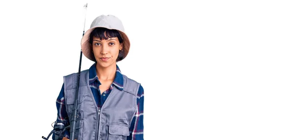 Young Brunette Woman Short Hair Wearing Fisherman Equipment Thinking Attitude —  Fotos de Stock