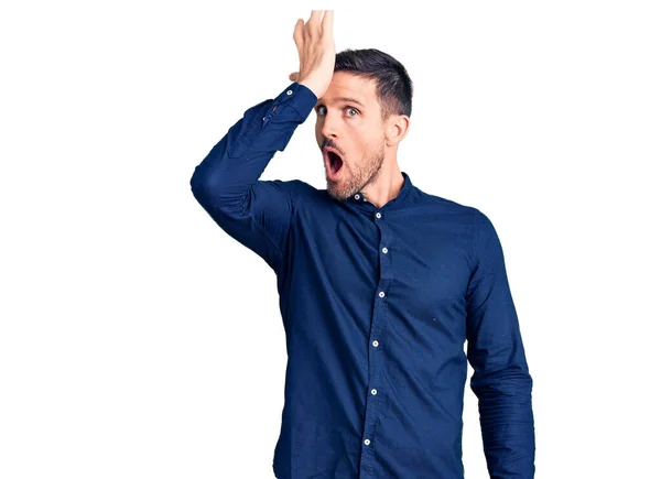 Young Handsome Man Wearing Casual Shirt Surprised Hand Head Mistake — Stock Photo, Image