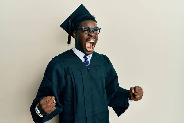 Handsome Black Man Wearing Graduation Cap Ceremony Robe Angry Mad — Stock Photo, Image