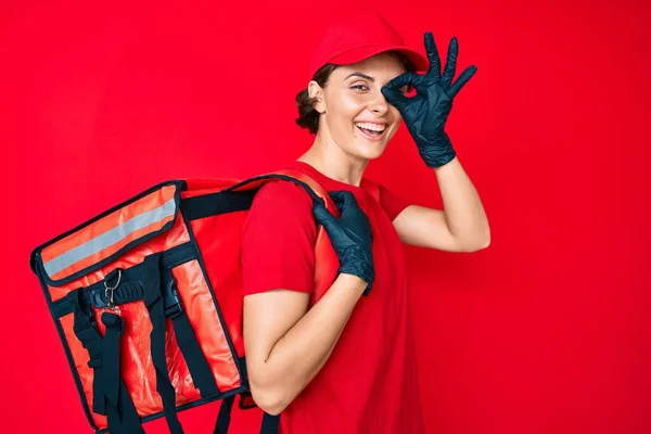 Young Hispanic Woman Holding Take Away Backpack Smiling Happy Doing — Stock Photo, Image