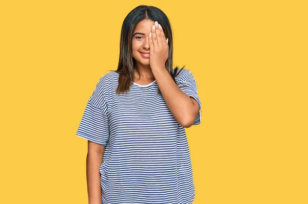 Young Latin Girl Wearing Casual Clothes Covering One Eye Hand — Stock Photo, Image