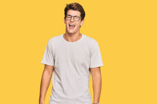 Handsome Caucasian Man Wearing Casual Clothes Glasses Winking Looking Camera — Stock Photo, Image