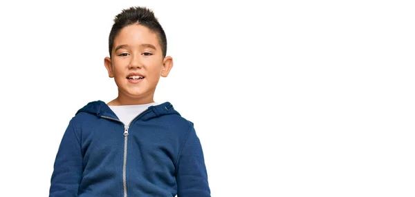 Kleine Jongen Spaanse Jongen Draagt Casual Sportieve Jas Kijken Positief — Stockfoto